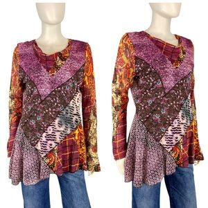 Vintage Y2k Multimedia panel textures prints lace Cowl tunic long sleeve shirt